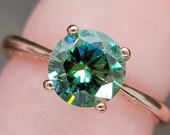 7.25mm Green/Blue Round Moissanite Ring, 14k Rose Gold