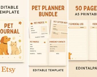 Planificador de mascotas imprimible, 50 diarios para mascotas en PDF, organizador de cuidado de mascotas A5, programa de alimentación de mascotas, diario de descarga instantánea