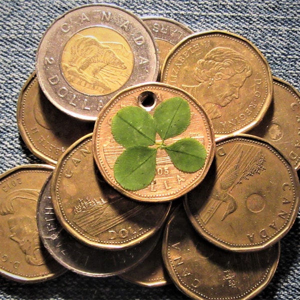 FOUR LEAF CLOVER Canadian Lucky Loonie Pendant Charm, Good Luck, "Viel Gluck", Wellness Token, Nature Art, Decorated Coin, Circulated, 2005