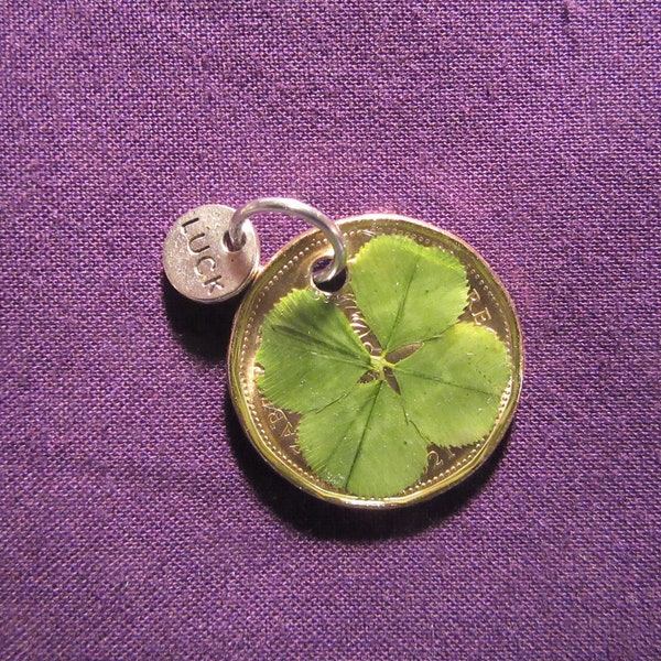 2021, 4 LEAF CLOVER, PENDANT, Key Ring, Lucky Charm, Canadian "Loonie", Decorated coin, w/, "Luck", Message Tag, Good Luck, Amulet, UNcirc.