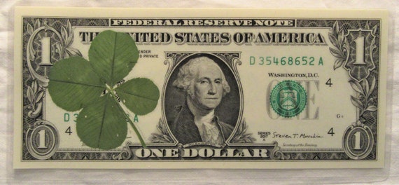Lucky, American, 2017, One Dollar Bill, Laminated, Decorated, w/real, FOUR  LEAF CLOVER, Bookmark, Wallet Card, Novelty, Cash, Currency Art