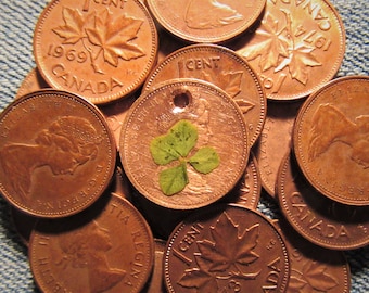 Four Leaf Clover LUCKY PENNY Pendant Charm, Canadian One Cent, Decorated Coin, Bracelet, Copper Token, Good Luck Amulet, 1972, Circulated