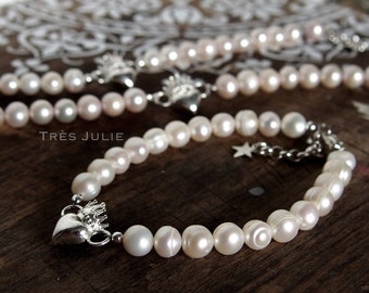 Perlenarmband, Herz mit Krone, weiß, 925er Silber, echte Perlen, Zuchtperlen, Brautschmuck, Königstochter, Daughter of the King
