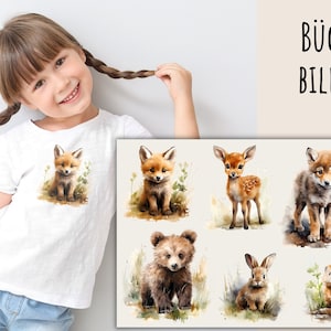 6 iron-on pictures of young forest animals, cute young animals in the forest, animal iron-on patches, watercolor animal boy, wolf, deer, bear, fox, rabbit, beaver image 1