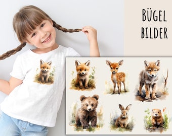 6 iron-on pictures of young forest animals, cute young animals in the forest, animal iron-on patches, watercolor animal boy, wolf, deer, bear, fox, rabbit, beaver