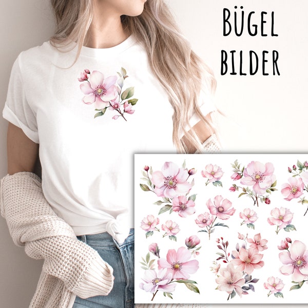 14 Bügelbilder rosa Wildrose, Blüten zum Aufbügeln, Aquarell Blumen zum Aufbügeln, Blumen Aufbügler