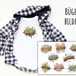 Könnte beinhalten: Bügeleisen-Aufnäher mit Comic-Worten wie "Bang!" "Boom!" "Wow!" und "Crash!" Diese Aufnäher sind perfekt, um Kleidung, Taschen oder anderen Stoffartikeln eine lustige und einzigartige Note zu verleihen.