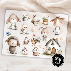Peut inclure: Feuille d'illustrations à l'aquarelle d'animaux de la ferme et d'une maison. On y trouve un lapin, un canard, un poussin, un mouton, une vache, un coq et une petite maison au toit de pierre. Les illustrations sont aux couleurs pastel.