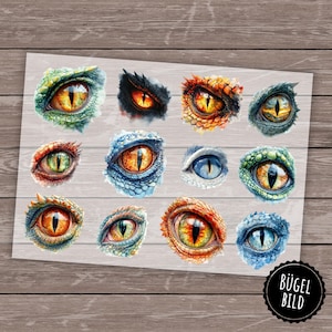 Könnte beinhalten: Ein Bogen Bügelbilder mit Aquarellillustrationen von Reptilienaugen. Die Augen sind in verschiedenen Farben, darunter Grün, Orange, Blau und Gelb, mit detaillierten Schuppen und Pupillen. Das Blatt liegt auf einer Holzoberfläche.