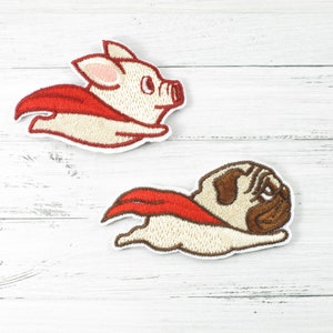 Pug applique for ironing or sewing, superhero dog, pug, super pug as patch, dog with cape, SKU 5.000.566