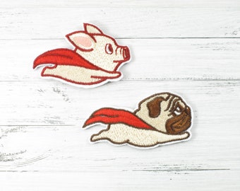 Pug Applique Iron On or Sew On Superhero Dog Pug Super Pug Patch Superhero Iron On Dog With Cape Patch