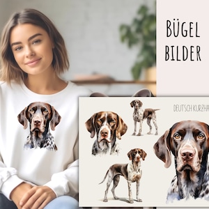 May include: Iron-on transfer design featuring a watercolour illustration of a German Shorthaired Pointer dog in various poses. The design is titled "DEUTSCH KURZHAAR" and is perfect for adding a personalised touch to clothing, bags, or other fabric items.