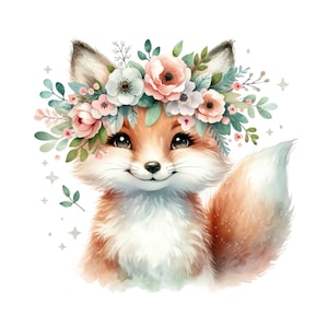 Könnte beinhalten: Eine Aquarell-Illustration eines Fuchses, der eine Blumenkrone trägt. Der Fuchs hat ein hellbraunes und weißes Fell, einen buschigen Schwanz und einen süßen Ausdruck. Die Blumenkrone besteht aus rosa, weißen und blauen Blumen.