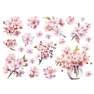 Op de afbeelding: Een aquarel-illustratie van roze kersenbloesems in verschillende arrangementen, waaronder een boeket in een heldere glazen vaas. De bloemen zijn afgebeeld met delicate details en een zachte, romantische esthetiek.