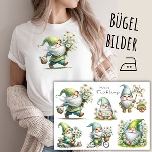May include: Iron-on images featuring gnomes with flowers and spring-themed text. The images include "Hello Spring", "Hallo Frühling", and "Butter Spring".