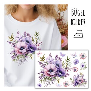 Op de afbeelding: Strijkfolie met een aquarel bloemenontwerp met een boeket roze en paarse bloemen met groene bladeren en bessen. Het ontwerp bevat vlinders en individuele bloemen.