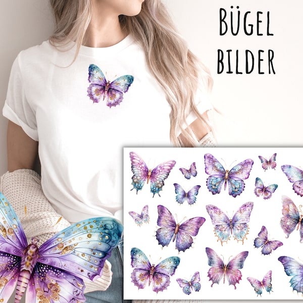 17 Bügelbilder Aquarell lila Schmetterlinge, Schmetterling zum Aufbügeln, bunte Schmetterlinge zum Aufbügeln, Aufbügler