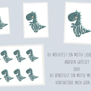 May include: A set of eight printable dinosaur illustrations. The dinosaurs are blue-green and have the word "DINO" spelled out in their bodies. The text "DU M&Ouml;CHTEST EIN MOTIV LIEBER IN EINER ANDEREN GR&Ouml;SSE? ODER DU BEN&Ouml;TIGST EIN MOTIV MEHRFACH? KONTAKTIERE MICH GERN. :)" is at the bottom of the image.