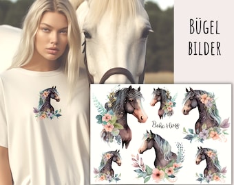 6 iron-on pictures boho horses, beautiful horse portraits to iron on with floral accents, horse iron-on patches, horse watercolors