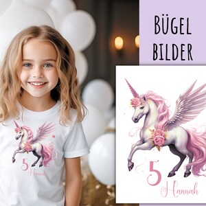 May include: Iron-on transfer design featuring a pink winged unicorn with a floral crown and the number 5 and the name Hannah.