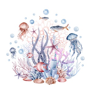 Iron-on image sea creatures, maritime image for ironing on, sea creatures for ironing on, shells, corals, crab, seahorse, SKU 5.000.390