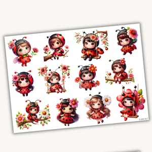 Könnte beinhalten: Ein Bogen mit 12 bunten Aufklebern mit Cartoon-Marienkäfern mit schwarzen Punkten und roten Flügeln. Jeder Marienkäfer hat einen anderen Gesichtsausdruck und trägt ein rotes Kleid mit schwarzen Punkten. Die Aufkleber sind perfekt, um Tagebüchern, Laptops oder anderen Oberflächen einen Hauch von Verspieltheit zu verleihen.