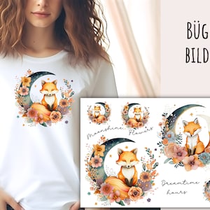 May include: Iron-on patches featuring a fox sitting on a crescent moon surrounded by flowers. The patches are labelled "Moonshine", "Flowers", "Dreamtime Hours".