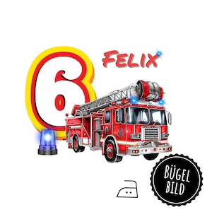 May include: Iron-on transfer design featuring a red fire engine with a yellow ladder, a blue flashing light, and the number 6 in a yellow and red circle. The text "Felix" is written in red above the engine. The text "Bügel Bild" is written in white on a black circle.