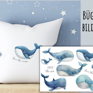 Iron-on image whales, iron-on whale, sea creatures, sperm whale, blue whale, 9 iron-on images, SKU 5.000.457