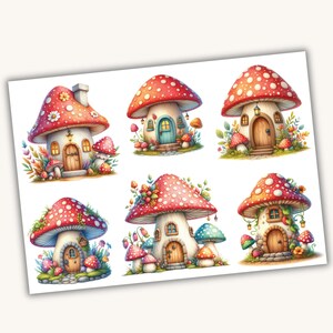 Può includere: Sei illustrazioni di case a forma di fungo con cappelli rossi e bianchi a pois, porte marroni e finestre. Le case sono circondate da vegetazione verde e piccoli funghi.