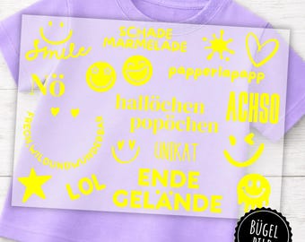18 neon-colored iron-on patches, cool neon sayings to iron on yourself, designs for girls and boys, Too bad, Hello, little butt, smile