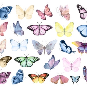 May include: Watercolor painting of various butterflies in different colors and patterns, including blue, pink, yellow, green, and purple.
