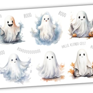 Peut inclure: Six illustrations à l'aquarelle de fantômes amicaux avec le mot "Boo" écrit en différentes tailles et styles. Les fantômes sont blancs et ont des visages souriants. Le texte "Hallo. Kleiner Geist" est écrit en noir en bas de l'image.
