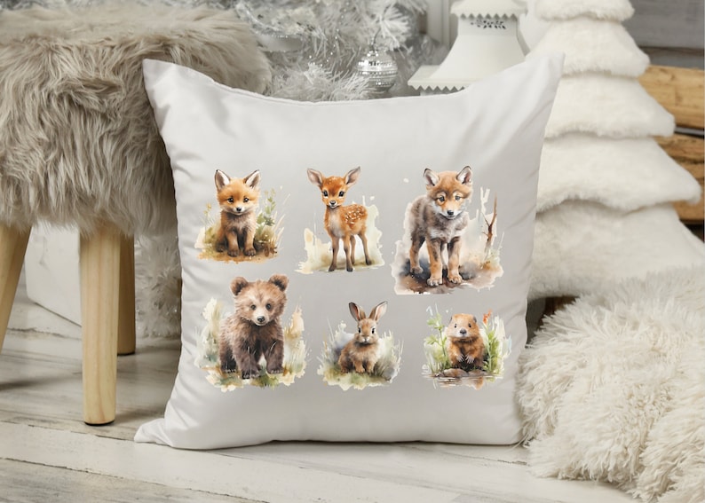 6 iron-on pictures of young forest animals, cute young animals in the forest, animal iron-on patches, watercolor animal boy, wolf, deer, bear, fox, rabbit, beaver image 9