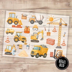 Könnte beinhalten: Eine Illustration mit gelben Baumaschinen und Werkzeugen, darunter ein Traktor, ein Betonmischer, ein Bagger und ein Kran. Das Bild zeigt auch einen Hund, eine Katze, ein Faultier, Ziegelsteine und Leitkegel. Der Text "BÜGEL BILD" befindet sich in einem schwarzen Kreis.