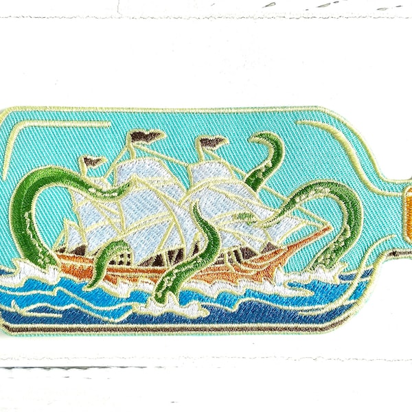 Sailing ship in the bottle for ironing, sailor, maritime ship motif, digging ship, embroidery application, patch, ship as ironing picture, octopus