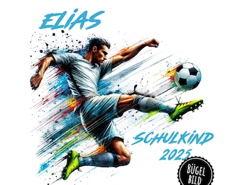 Iron-on patch for schoolchild with footballer, for first day of school or birthday, football for ironing on, iron-on patch with name