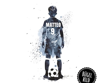 Iron-on footballer design, perfect for starting school or a birthday, iron-on footballer design with name and number