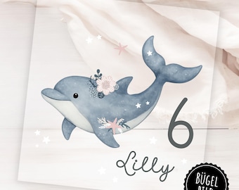 Personalized iron-on dolphin design – Watercolor Boho – Back to School & Birthday, iron-on with name
