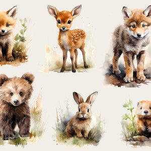 6 iron-on pictures of young forest animals, cute young animals in the forest, animal iron-on patches, watercolor animal boy, wolf, deer, bear, fox, rabbit, beaver image 2