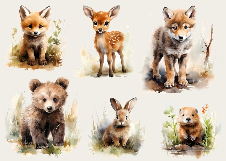 6 iron-on pictures of young forest animals, cute young animals in the forest, animal iron-on patches, watercolor animal boy, wolf, deer, bear, fox, rabbit, beaver image 2