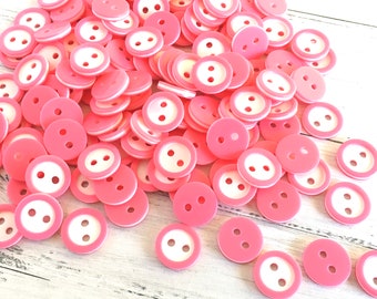 50 pink white buttons, plastic, buttons striped in pink and white, pink buttons, blouse buttons, plastic buttons, trouser buttons, dark pink