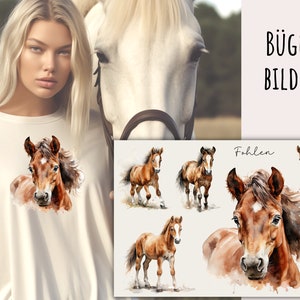 Op de afbeelding: Een set van vijf strijktransfers met aquarel illustraties van bruine veulens. De transfers zijn gelabeld met "Fohlen" en zijn perfect om een vleugje whimsy toe te voegen aan kleding, tassen of andere stoffen items.