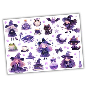 May include: A set of 18 purple and black witch-themed stickers featuring a variety of images, including witches, cats, owls, stars, moons, and potions.