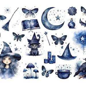 May include: A watercolour illustration featuring witchy elements in shades of blue. Includes a witch, cat, butterflies, moon, stars, potion bottles, a cauldron, a raven, a broom, a spell book, mushrooms, candles, a spiderweb, and a bat.