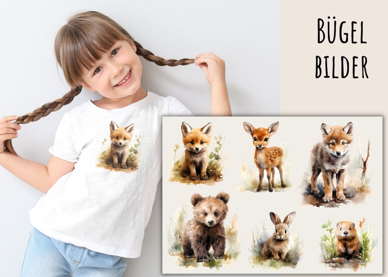 6 iron-on pictures of young forest animals, cute young animals in the forest, animal iron-on patches, watercolor animal boy, wolf, deer, bear, fox, rabbit, beaver image 1