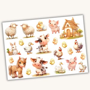 Op de afbeelding: Een set kleurrijke cartoon boerderijdier stickers met een varken, koe, schaap, kip, eend, konijn en kuikens. De stickers zijn perfect om een vleugje whimsy toe te voegen aan elk project.