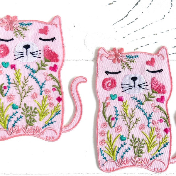 2 large cats for ironing or sewing, pink cat for ironing, motif about 9.5 cm tall, kitten press, flowers kitten, patch