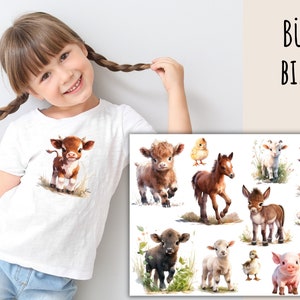 May include: A white t-shirt with a brown and white calf illustration. The image also shows a variety of other farm animal illustrations, including a calf, a foal, a lamb, a chick, a duckling, a donkey, and a pig. The text "BÜGEL BILDER" is in the upper right corner of the image.