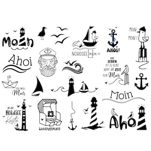 Peut inclure: Illustrations en noir et blanc sur le thème nautique, comprenant des phares, des ancres, des bateaux, des mouettes et des vagues. Le texte "Moin" et "Ahoi" figurent sur l'image.